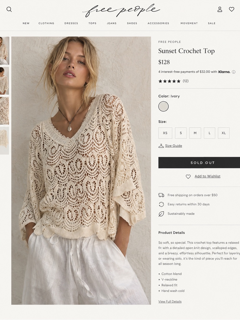 Free People Sunset Crochet V-Neck Top in Ivory